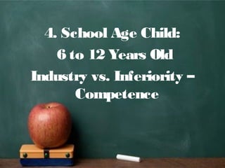 4. School Age Child:
6 to 12 Years Old
Industry vs. Inferiority –
Competence
 