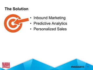 The Solution
• Inbound Marketing
• Predictive Analytics
• Personalized Sales
4
 