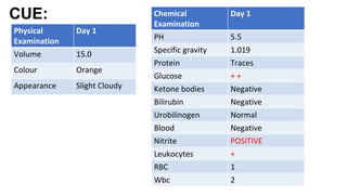Physical
Examination
Day 1
Volume 15.0
Colour Orange
Appearance Slight Cloudy
Chemical
Examination
Day 1
PH 5.5
Specific gravity 1.019
Protein Traces
Glucose + +
Ketone bodies Negative
Bilirubin Negative
Urobilinogen Normal
Blood Negative
Nitrite POSITIVE
Leukocytes +
RBC 1
Wbc 2
CUE:
 