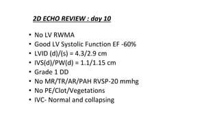 2D ECHO REVIEW : day 10
• No LV RWMA
• Good LV Systolic Function EF -60%
• LVID (d)/(s) = 4.3/2.9 cm
• IVS(d)/PW(d) = 1.1/1.15 cm
• Grade 1 DD
• No MR/TR/AR/PAH RVSP-20 mmhg
• No PE/Clot/Vegetations
• IVC- Normal and collapsing
 