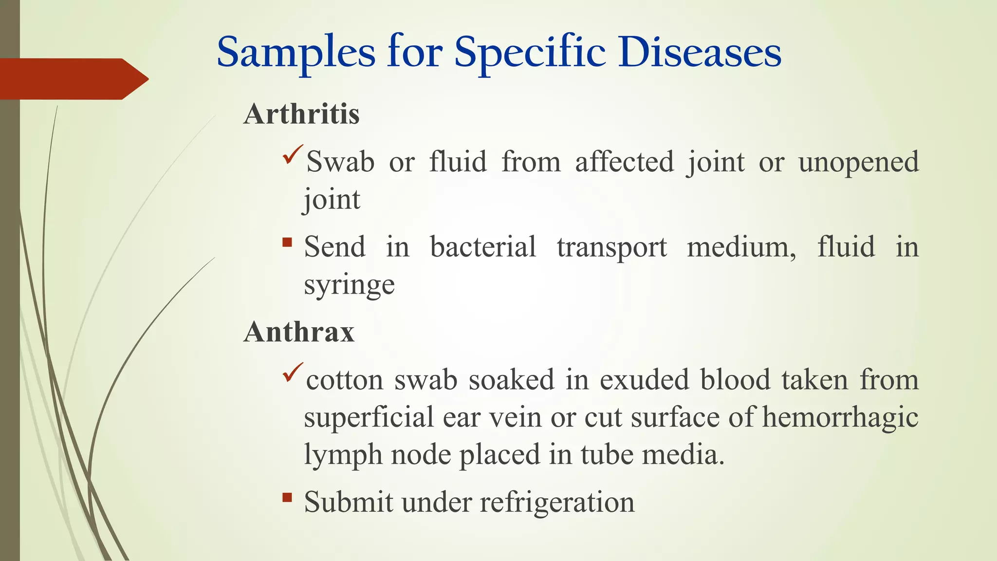 Samples for Specific Diseases
Arthritis
Swab or fluid from affected joint or unopened
joint
 Send in bacterial transport medium, fluid in
syringe
Anthrax
cotton swab soaked in exuded blood taken from
superficial ear vein or cut surface of hemorrhagic
lymph node placed in tube media.
 Submit under refrigeration
 