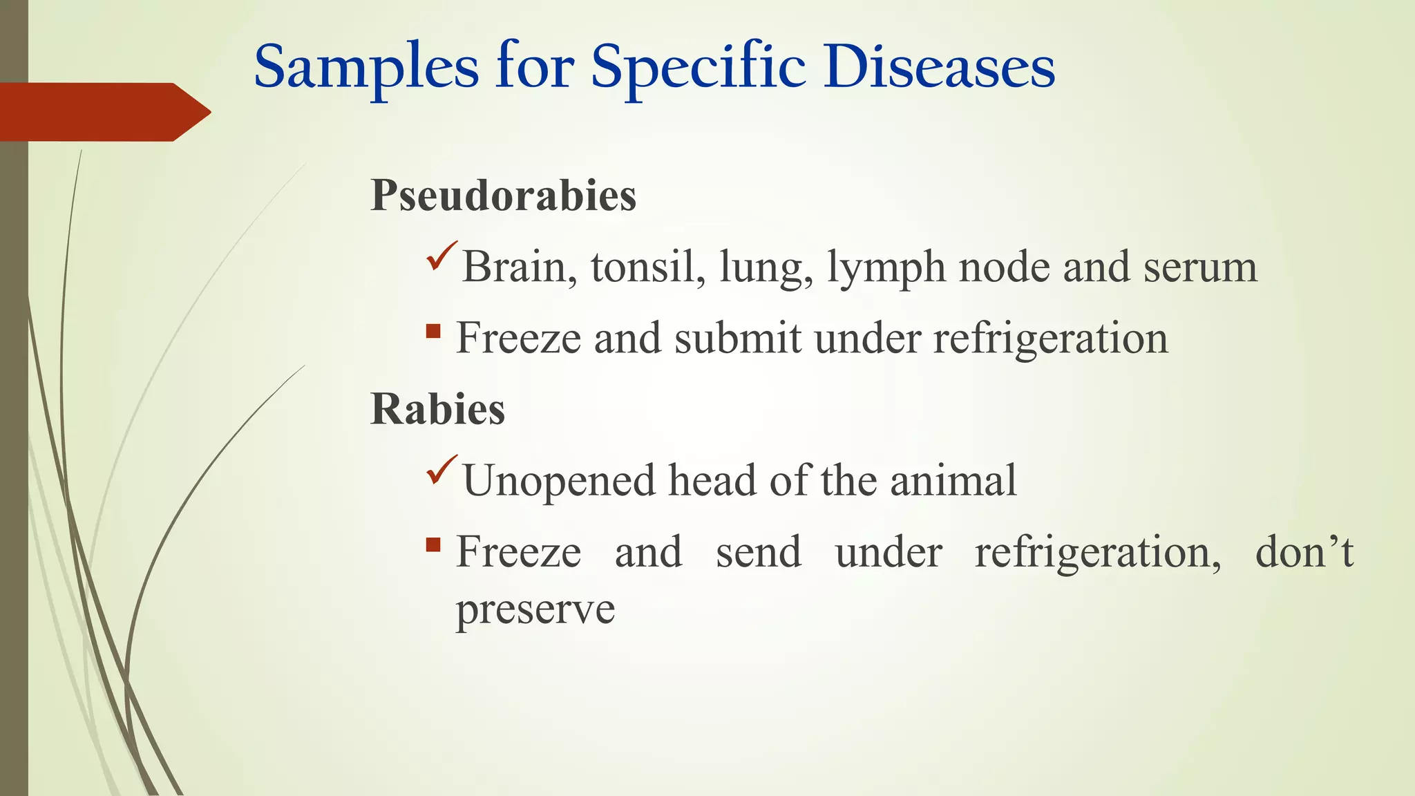 Samples for Specific Diseases
Pseudorabies
Brain, tonsil, lung, lymph node and serum
 Freeze and submit under refrigeration
Rabies
Unopened head of the animal
 Freeze and send under refrigeration, don’t
preserve
 