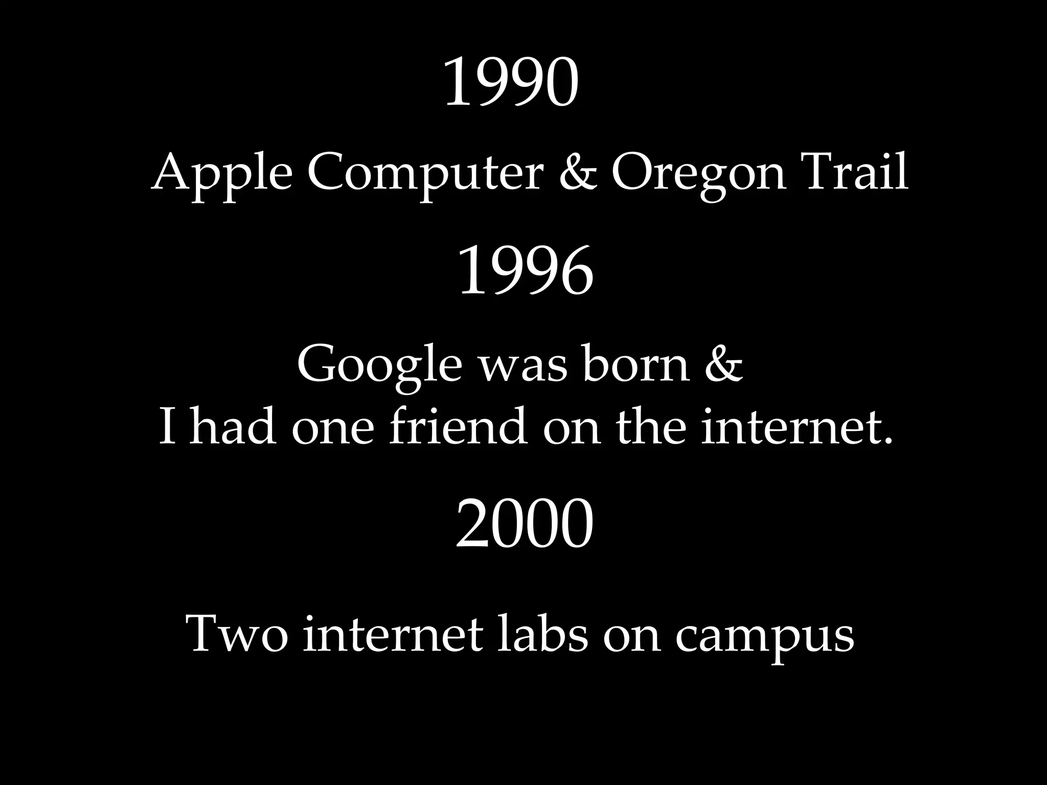 1990  Apple Computer & Oregon Trail 1996 Google was born &  I had one friend on the internet. 2000 Two internet labs on campus 