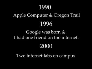 1990  Apple Computer & Oregon Trail 1996 Google was born &  I had one friend on the internet. 2000 Two internet labs on campus 