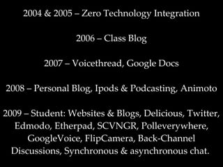 2004 & 2005 – Zero Technology Integration 2006 – Class Blog 2007 – Voicethread, Google Docs 2008 – Personal Blog, Ipods & Podcasting, Animoto 2009 – Student: Websites & Blogs, Delicious, Twitter, Edmodo, Etherpad, SCVNGR, Polleverywhere, GoogleVoice, FlipCamera, Back-Channel Discussions, Synchronous & asynchronous chat.    