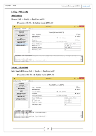 Information Technology (USIT601) 2016 -2017
13
Setting IP(Router1)
Interface 0/0
Double click -> Config -> FastEnternet0/0
IP address: 10.0.0.1 & Subnet mask: 255.0.0.0
Setting IP(Router1)
Interface 0/1 Double click -> Config -> FastEnternet0/1
IP address: 100.0.0.2 & Subnet mask: 255.0.0.0
Satyendra .Y Singh
 
