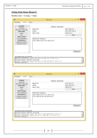 Information Technology (USIT601) 2016 -2017
14
Setting Static Route (Router1)
Double click -> Config -> Static
Satyendra .Y Singh
 