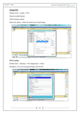 Information Technology (USIT601) 2016 -2017
35
Setting FTP:
Double click -> config -> FTP
Select on (radio button)
Add Username:-admin
Password:-admin , Select all check boxes all privileges.
PC0’s setting
Double click -> Desktop -> IP configuration -> Static
IP address:-172.16.0.3 & Subnet Mask:-255.255.0.0
Satyendra .Y Singh
 