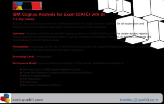 Please contact us at training@quebit.com for more information. training@quebit.com
Built for use with existing versions of Microsoft Excel. Its single, intuitive interface for all exploration and
analysis functions integrates seamlessly with the existing Excel workspace.
Overview: Students will learn to use IBM Cognos Analysis for Excel (CAFÉ) with BI to create ad-hoc reports.
Topics covered will include building reports, sorting, filtering and calculation features. In addition, students will
be introduced to CAFÉ formula mode.
Prerequisites: Knowledge of the use of web browser to access the corporate intranet environment is assumed.
Familiarity with Microsoft Windows and basic navigation.
Knowledge Level:  Introduction
Performance Goals: Upon successful completion of this course, attendees will be able to:
1/2 day course
IBM Cognos Analysis for Excel (CAFÉ) wth BI
Start and Log in to IBM Cognos Analysis for Excel
Create New Reports in Exploration Mode and Formula Mode
Modify Existing Reports
Add Calculation
Create Filters
Nest Items in Columns and Rows
21
•
•
•
•
•
•
learn.quebit.com
 