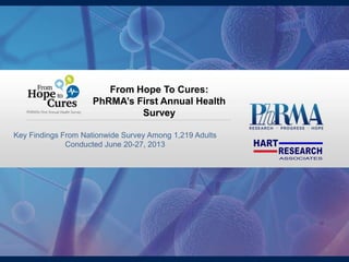 1
Key Findings From Nationwide Survey Among 1,219 Adults
Conducted June 20-27, 2013
From Hope To Cures:
PhRMA’s First Annual Health
Survey
 