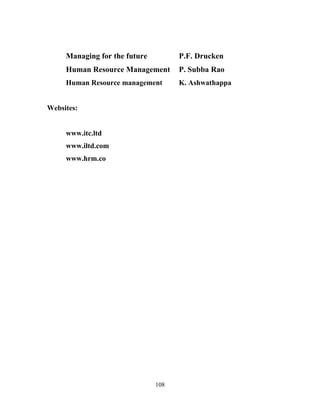 Managing for the future         P.F. Drucken
     Human Resource Management       P. Subba Rao
     Human Resource management       K. Ashwathappa


Websites:


     www.itc.ltd
     www.iltd.com
     www.hrm.co




                               108
 