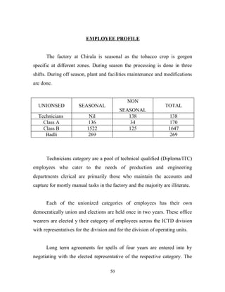 EMPLOYEE PROFILE


      The factory at Chirala is seasonal as the tobacco crop is gorgon
specific at different zones. During season the processing is done in three
shifts. During off season, plant and facilities maintenance and modifications
are done.


                                               NON
  UNIONSED             SEASONAL                                   TOTAL
                                           SEASONAL
  Technicians               Nil               138                    138
    Class A                 136                34                    170
    Class B                1522               125                   1647
     Badli                  269                                      269



      Technicians category are a pool of technical qualified (Diploma/ITC)
employees who cater to the needs of production and engineering
departments clerical are primarily those who maintain the accounts and
capture for mostly manual tasks in the factory and the majority are illiterate.


      Each of the unionized categories of employees has their own
democratically union and elections are held once in two years. These office
wearers are elected y their category of employees across the ICTD division
with representatives for the division and for the division of operating units.


      Long term agreements for spells of four years are entered into by
negotiating with the elected representative of the respective category. The

                                      50
 