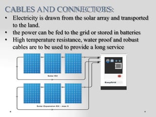CABLES AND CONNECTORS:
• Electricity is drawn from the solar array and transported
to the land.
• the power can be fed to ...