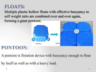 PONTOON:
A pontoon is flotation device with buoyancy enough to float
by itself as well as with a heavy load.
FLOATS:
Multi...