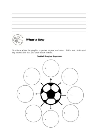 __________________________________________________________________________________
__________________________________________________________________________________
__________________________________________________________________________________
__________________________________________________________________________________
__________________________________________________________________________________
__________________________________________________________________________________
What’s New
Directions: Copy the graphic organizer in your worksheet. Fill in the circles with
any information that you know about football.
Football Graphic Organizer
 