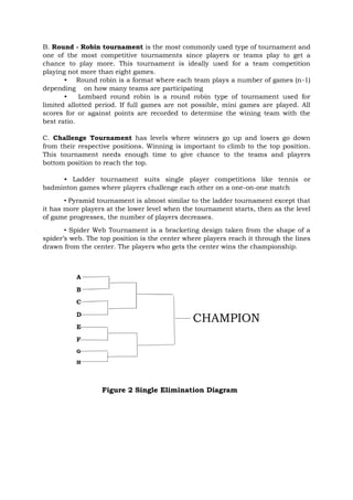 CHAMPION
Figure 2 Single Elimination Diagram
B. Round - Robin tournament is the most commonly used type of tournament and
one of the most competitive tournaments since players or teams play to get a
chance to play more. This tournament is ideally used for a team competition
playing not more than eight games.
• Round robin is a format where each team plays a number of games (n-1)
depending on how many teams are participating
• Lombard round robin is a round robin type of tournament used for
limited allotted period. If full games are not possible, mini games are played. All
scores for or against points are recorded to determine the wining team with the
best ratio.
C. Challenge Tournament has levels where winners go up and losers go down
from their respective positions. Winning is important to climb to the top position.
This tournament needs enough time to give chance to the teams and players
bottom position to reach the top.
• Ladder tournament suits single player competitions like tennis or
badminton games where players challenge each other on a one-on-one match
• Pyramid tournament is almost similar to the ladder tournament except that
it has more players at the lower level when the tournament starts, then as the level
of game progresses, the number of players decreases.
• Spider Web Tournament is a bracketing design taken from the shape of a
spider’s web. The top position is the center where players reach it through the lines
drawn from the center. The players who gets the center wins the championship.
 