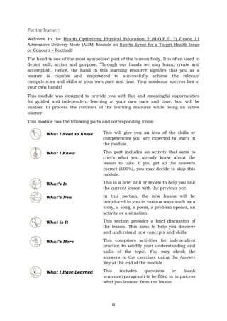 iii
For the learner:
Welcome to the Health Optimizing Physical Education 2 (H.O.P.E. 2) Grade 11
Alternative Delivery Mode (ADM) Module on Sports Event for a Target Health Issue
or Concern – Football!
The hand is one of the most symbolized part of the human body. It is often used to
depict skill, action and purpose. Through our hands we may learn, create and
accomplish. Hence, the hand in this learning resource signifies that you as a
learner is capable and empowered to successfully achieve the relevant
competencies and skills at your own pace and time. Your academic success lies in
your own hands!
This module was designed to provide you with fun and meaningful opportunities
for guided and independent learning at your own pace and time. You will be
enabled to process the contents of the learning resource while being an active
learner.
This module has the following parts and corresponding icons:
What I Need to Know This will give you an idea of the skills or
competencies you are expected to learn in
the module.
What I Know This part includes an activity that aims to
check what you already know about the
lesson to take. If you get all the answers
correct (100%), you may decide to skip this
module.
What’s In This is a brief drill or review to help you link
the current lesson with the previous one.
What’s New In this portion, the new lesson will be
introduced to you in various ways such as a
story, a song, a poem, a problem opener, an
activity or a situation.
What is It This section provides a brief discussion of
the lesson. This aims to help you discover
and understand new concepts and skills.
What’s More This comprises activities for independent
practice to solidify your understanding and
skills of the topic. You may check the
answers to the exercises using the Answer
Key at the end of the module.
What I Have Learned This includes questions or blank
sentence/paragraph to be filled in to process
what you learned from the lesson.
 