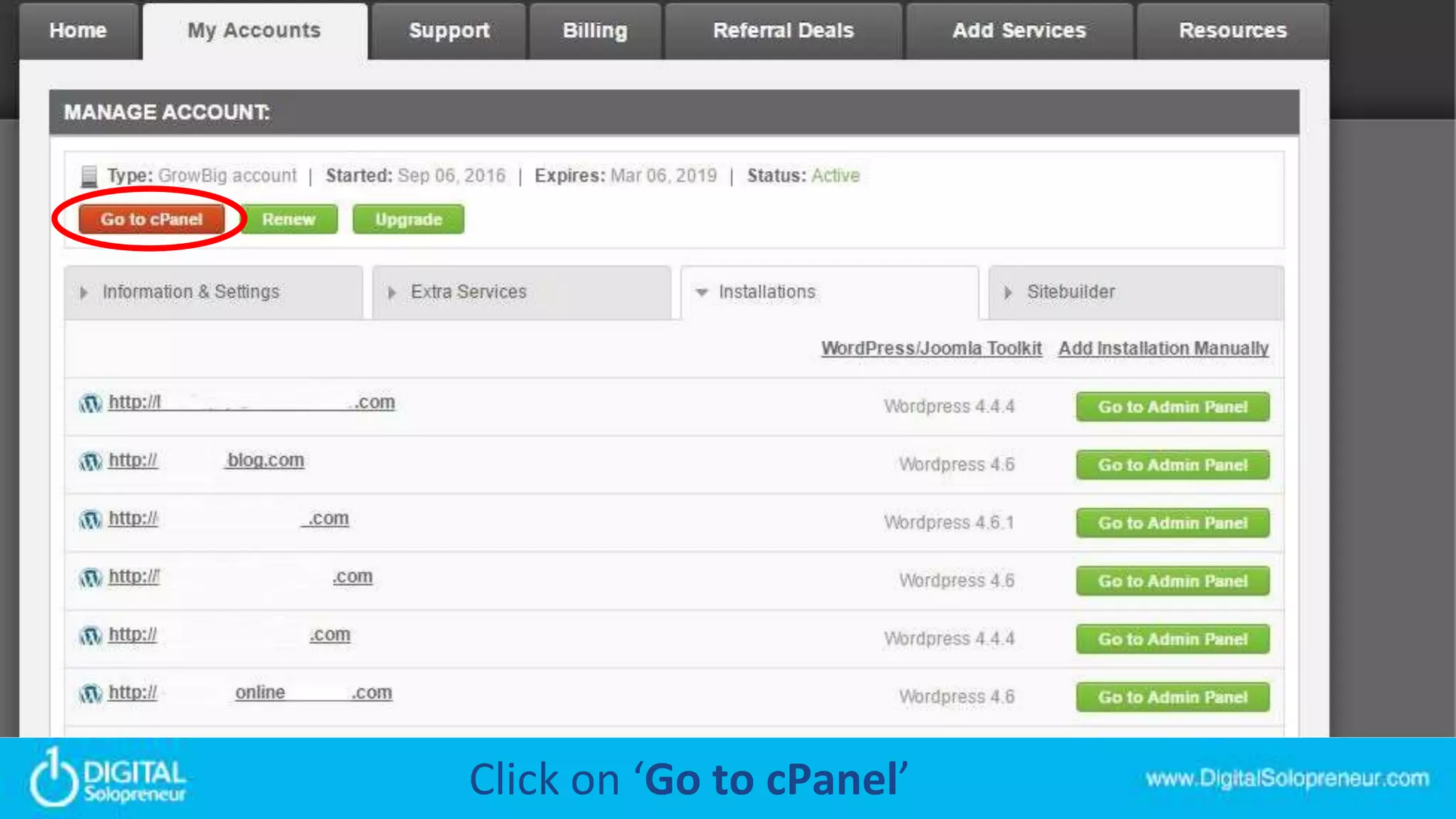 Click on ‘Go to cPanel’