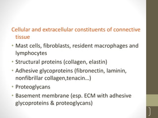 Cellular and extracellular constituents of connective
tissue
• Mast cells, fibroblasts, resident macrophages and
lymphocytes
• Structural proteins (collagen, elastin)
• Adhesive glycoproteins (fibronectin, laminin,
nonfibrillar collagen,tenacin…)
• Proteoglycans
• Basement membrane (esp. ECM with adhesive
glycoproteins & proteoglycans)
10
 