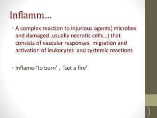 Inflamm…
• A complex reaction to injurious agents( microbes
and damaged ,usually necrotic cells…) that
consists of vascular responses, migration and
activation of leukocytes and systemic reactions
• Inflame-‘to burn’ , ‘set a fire’
2
 