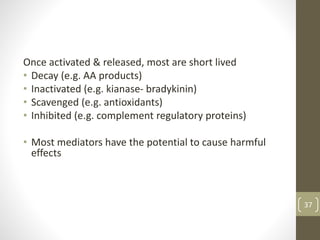Once activated & released, most are short lived
• Decay (e.g. AA products)
• Inactivated (e.g. kianase- bradykinin)
• Scavenged (e.g. antioxidants)
• Inhibited (e.g. complement regulatory proteins)
• Most mediators have the potential to cause harmful
effects
37
 