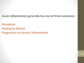 39
Acute inflammation generally has one of three outcomes:
Resolution
Healing by fibrosis
Progression to chronic inflammation
 