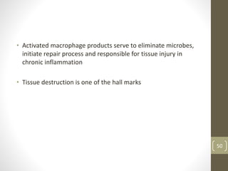• Activated macrophage products serve to eliminate microbes,
initiate repair process and responsible for tissue injury in
chronic inflammation
• Tissue destruction is one of the hall marks
50
 