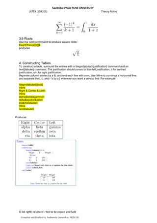 Savitribai Phule PUNE UNIVERSITY
LATEX (504205) Theory Notes
© All rights reserved - Not to be copied and Sold
3.6 Roots
Use the sqrt{} command to produce square roots:
$sqrt{frac{a}{b}}$
produces
4. Constructing Tables
To construct a table, surround the entries with a begin{tabular}{justification} command and an
end{tabular} command. The justification should consist of l for left justification, c for centred
justification, or r for right justification.
Separate column entries by a &, and end each line with a nn. Use hline to construct a horizontal line,
and separate the l, c, and r 's by a | wherever you want a vertical line. For example:
begin{tabular}{|r|c|l|}
hline
Right & Center & Left
hline
alpha&beta&gamma
delta&epsilon&zeta
eta&theta&iota
hline
end{tabular}
Produces
Compiled and Drafted by Sudhanshu Janwadkar, MITCOE
 