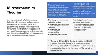 Microeconomics
Theories
• A systematic study of choice making
behavior of consumers and producers
(individuals, households, firms and
government), allocate resources (land,
labour and capital) between goods and
services that are produced and consumed,
and determination of their prices make the
central theme of microeconomics.
7
The individuals and
households as consumers
make choices between
various goods and services
they want to consume.
The individuals and
individual firms make their
choices about ‘what to
produce’ and ‘how to
produce’ (techniques to be
used).
The study of consumers
behavior makes
•The theory of consumer
behavior
•The theory of
consumption
•The theory of demand
The study of producers
behavior constitutes
•The theory of production
•The theory of supply
•The cost theory
• Theory of demand and theory of supply combined
together from the theory of price determination.
• They study of the behavior of factor owners make the
theory of distribution or the theory of factor price
determination.
 