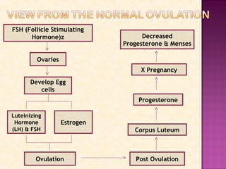FSH (Follicle Stimulating
Hormone)z
Ovaries
Develop Egg
cells
Estrogen
Luteinizing
Hormone
(LH) & FSH
Ovulation Post Ovulation
Corpus Luteum
Progesterone
X Pregnancy
Decreased
Progesterone & Menses
 