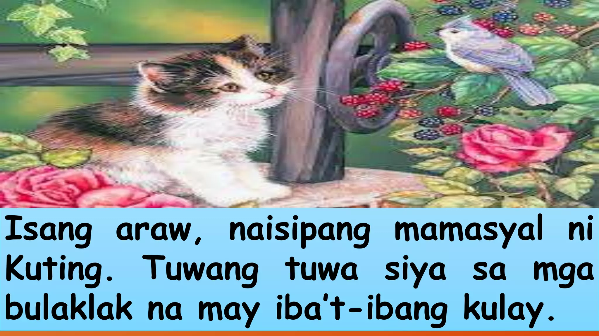 Isang araw, naisipang mamasyal ni 
Kuting. Tuwang tuwa siya sa mga 
bulaklak na may iba’t-ibang kulay. 
 