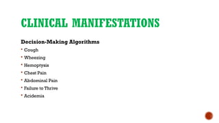 CLINICAL MANIFESTATIONS
Decision-Making Algorithms
 Cough
 Wheezing
 Hemoptysis
 Chest Pain
 Abdominal Pain
 Failure to Thrive
 Acidemia
 