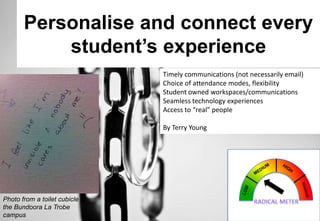 Personalise and connect every
student‟s experience
Timely communications (not necessarily email)
Choice of attendance modes, flexibility
Student owned workspaces/communications
Seamless technology experiences
Access to “real” people
By Terry Young

Photo from a toilet cubicle at
the Bundoora La Trobe
campus

 
