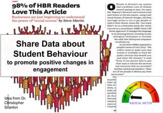Share Data about
Student Behaviour
to promote positive changes in
engagement

Idea from Dr.
Christopher
Scanlon

 