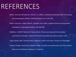 REFERENCES
Martin, Carol Lynn & Halverson, Charles F., Jr. (1981). A schematic processing model of sex-typing
and stereotyping in children. Child Development, 52, 1119-1134.
Martin, Carol Lynn., Ruble, Diane N., Szkrybalo, Joel. (2002). Cognitive theories of early gender
development. Psychological Bulletin, 128, 903-933.
McMillan, J. (1999) ‘Problems for Adam and Eve: Chinese sex shops and the biomedical
construction of sexuality’, Bulletin of the British Association for Chinese Srudies, 10-26.
Scapp, Ronald. 2002. Teaching Values: Education, Politics and Culture. Florence, KY: Routledge.
Schwartz, Pepper, and Dominic Cappello. (2000). Ten Talks Parents Must Have with Their Children
about Sex and Character. Westport, CT: Hyperion.
 