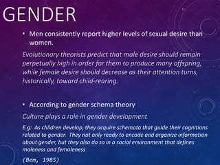 GENDER
• Men consistently report higher levels of sexual desire than
women.
Evolutionary theorists predict that male desire should remain
perpetually high in order for them to produce many offspring,
while female desire should decrease as their attention turns,
historically, toward child-rearing.
• According to gender schema theory
Culture plays a role in gender development
E.g: As children develop, they acquire schemata that guide their cognitions
related to gender. They not only ready to encode and organize information
about gender, but they also do so in a social environment that defines
maleness and femaleness
(Bem, 1985)
 