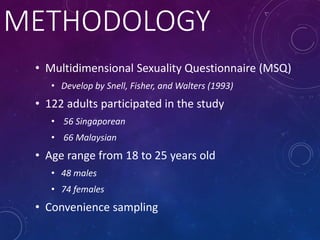 METHODOLOGY
• Multidimensional Sexuality Questionnaire (MSQ)
• Develop by Snell, Fisher, and Walters (1993)
• 122 adults participated in the study
• 56 Singaporean
• 66 Malaysian
• Age range from 18 to 25 years old
• 48 males
• 74 females
• Convenience sampling
 