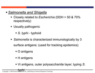 Copyright © 2009 Pearson Education Inc., publishing as Pearson Benjamin Cummings
 Salmonella and Shigella
 Closely related to Escherichia (DDH > 50 & 70%
respectively)
 Usually pathogenic
 S. typhi - typhoid
 Salmonella is characterized immunologically by 3
surface antigens: (used for tracking epidemics)
 O antigens
 H antigens
 Vi antigens, outer polysaccharide layer; typing S.
typhi
 