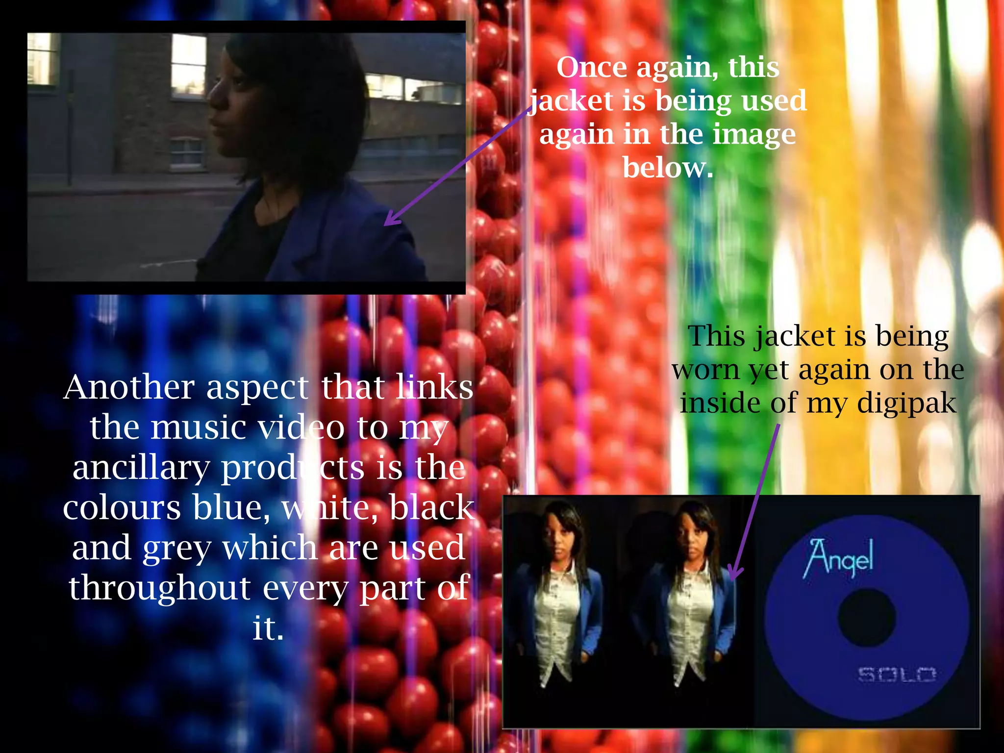 Once again, this
                             jacket is being used
                              again in the image
                                    below.




                                        This jacket is being
                                       worn yet again on the
Another aspect that links              inside of my digipak
  the music video to my
 ancillary products is the
colours blue, white, black
 and grey which are used
throughout every part of
             it.
 