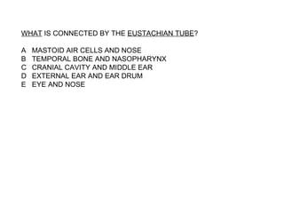 WHAT  IS CONNECTED BY THE  EUSTACHIAN TUBE ? A MASTOID AIR CELLS AND NOSE B TEMPORAL BONE AND NASOPHARYNX C CRANIAL CAVITY AND MIDDLE EAR D EXTERNAL EAR AND EAR DRUM E EYE AND NOSE 