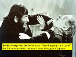 Brain damage and death  can occur if breathing stop, or is cut off, for 7-8 minutes so that the body’s store of oxygen is depleted. 