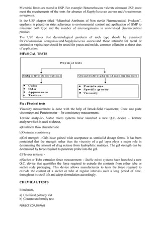 Microbial limits are stated in USP. For example: Betamethasone valerate ointment USP, must
meet the requirements of the tests for absence of Staphylococcus aureus and Pseudomonas
aeruginosa.
In the USP chapter titled “Microbial Attributes of Non sterile Pharmaceutical Products”,
emphasis is placed on strict adherence to environmental control and application of GMP to
minimize both type and the number of microorganisms in unsterilised pharmaceutical
product.
The USP states that dermatological products of such type should be examined
for Pseudomonas aeruginosa and Staphylococcus aureus and those intended for rectal or
urethral or vaginal use should be tested for yeasts and molds, common offenders at these sites
of application.
PHYSICAL TESTS
Fig : Physical tests
Viscosity measurement is done with the help of Brook-field viscometer, Cone and plate
viscometer and Penetrometer – for consistency measurement.
Texture analysis:- Stable micro systems have launched a new Q.C. device – Texture
analyzerwhich is used to detect,
a)Ointment flow characteristic
b)Ointment consistency
c)Gel strength: - Gels have gained wide acceptance as semisolid dosage forms. It has been
postulated that the strength rather than the viscosity of a gel layer plays a major role in
determining the amount of drug release from hydrophilic matrices. The gel strength can be
determined by force required to penetrate probe into the gel.
d)Flavour release: -
e)Sachet or Tube extrusion force measurement: - Stable micro systems have launched a new
Q.C. device that quantifies the force required to extrude the contents from either tube or
sachet style packaging. This device allows manufacturers to tests the force required to
extrude the content of a sachet or tube at regular intervals over a long period of time,
throughout its shelf life and adopt formulation accordingly.
CHEMICAL TESTS
It includes,
a) Chemical potency test
b) Content uniformity test
PDF&CT:COP,SRIPMS
 