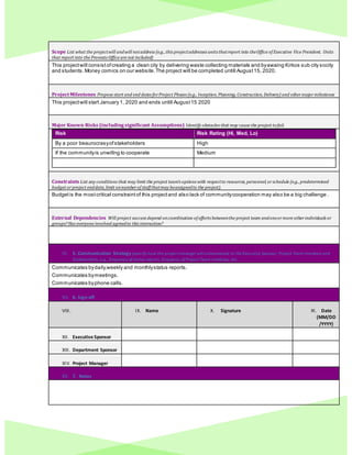 Scope List what the projectwill andwill notaddress (e.g., this projectaddresses units thatreport into theOffice of Executive Vice President. Units
that report into the Provosts Office are not included)
This projectwill consistofcreating a clean city by delivering waste collecting materials and byawaing Kirkos sub city socity
and students. Money comics on our website.The project will be completed untill August15, 2020.
ProjectMilestones Propose start and end dates forProject Phases (e.g., Inception, Planning, Construction, Delivery) and othermajormilestones
This projectwill start January 1, 2020 and ends untill August15 2020
Major Known Risks (includingsignificant Assumptions) Identify obstacles that may cause the project tofail.
Risk Risk Rating (Hi, Med, Lo)
By a poor beaurocrasyofstakeholders High
If the communityis unwillng to cooperate Medium
Constraints List any conditions that may limit the project team’s options with respectto resources, personnel, orschedule (e.g., predetermined
budget orproject enddate, limit onnumberof staff thatmay beassignedto the project).
Budgetis the mostcritical constraintof this projectand also lack of communitycooperation may also be a big challenge .
External Dependencies Will project success depend oncoordination of efforts betweenthe project team andoneormore otherindividuals or
groups?Has everyone involved agreedto this interaction?
VI. 5. Communication Strategy (specify how the projectmanager willcommunicate to the Executive Sponsor,Project Team members and
Stakeholders, e.g.,frequency ofstatus reports, frequency ofProjectTeam meetings, etc.
Communicates bydaily,weekly and monthlystatus reports.
Communicates bymeetings.
Communicates byphone calls.
VII. 6. Sign-off
VIII. IX. Name X. Signature XI. Date
(MM/DD
/YYYY)
XII. Executive Sponsor
XIII. Department Sponsor
XIV. Project Manager
XV. 7. Notes
 