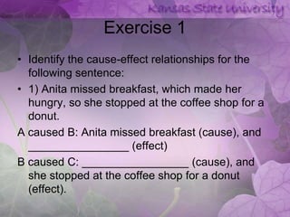 Exercise 1
• Identify the cause-effect relationships for the
  following sentence:
• 1) Anita missed breakfast, which made her
  hungry, so she stopped at the coffee shop for a
  donut.
A caused B: Anita missed breakfast (cause), and
  ________________ (effect)
B caused C: _________________ (cause), and
  she stopped at the coffee shop for a donut
  (effect).
 