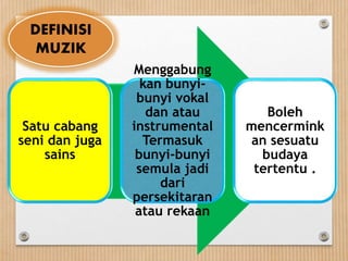Satu cabang
seni dan juga
sains
Menggabung
kan bunyi-
bunyi vokal
dan atau
instrumental
Termasuk
bunyi-bunyi
semula jadi
dari
persekitaran
atau rekaan
Boleh
mencermink
an sesuatu
budaya
tertentu .
DEFINISI
MUZIK
 