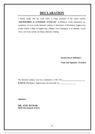 training report_of_solid_works_and_autocad(Major Training) | DOCX