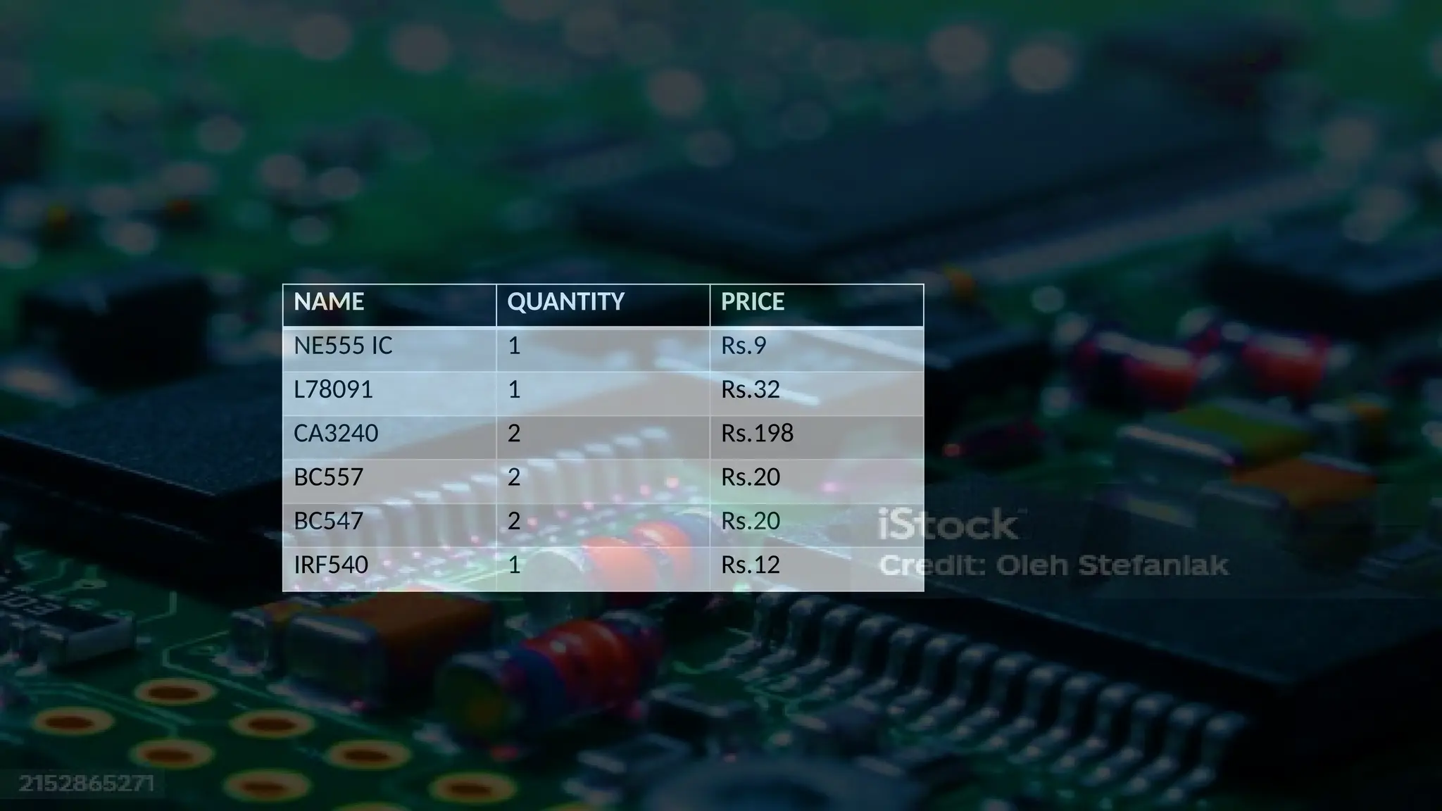 NAME QUANTITY PRICE
NE555 IC 1 Rs.9
L78091 1 Rs.32
CA3240 2 Rs.198
BC557 2 Rs.20
BC547 2 Rs.20
IRF540 1 Rs.12
 