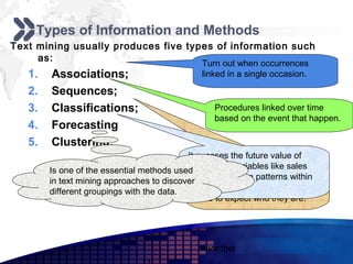 Add your company slogan

    Types of Information and Methods
Text mining usually produces five types of information such
     as:
                                               Turn out when occurrences
   1.   Associations;                          linked in a single occasion.

   2.   Sequences;
   3.   Classifications;                          Procedures linked over time
                                                  based on the event that happen.
   4.   Forecasting
   5.   Clustering;
                                           It Classificationfuture value ofto
                                               guesses the can assist us
        Is one of the essential methods used discover the personality sales
                                           continuous variables like of
        in text mining approaches to discovercustomers who are likelywithin
                                           figures based on patterns to
        different groupings with the data. the data. provides a model that
                                              leave and
                                              used to expect who they are.




                                              www.themegallery.com        LOGO
 