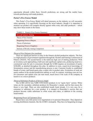 HONEYDEW MEADERY BUSINESS PLAN 7
opportunity abounds within them. Growth predictions are strong and the market leans
towards purchasing craft-made products.
Porter’s Five Forces Model
This Porter’s Five-Forces Model will detail pressures on the industry we will encounter
when operating. It is specifically focusing on the mead industry, though it is important to
mention our product will compete directly against white wine, and cider producers – which
may skew these results in the future.
TABLE 1 Porter's Five Forces Summary
Overall Industry Rating Favorable Moderate Unfavorable
Threat of New Entrants X
Bargaining Power of Buyers X
Threat of Substitutes X
Bargaining Power of Suppliers X
Intensity of Rivalry Among Competitors X
Threat of New Entrants (low-medium)
There are significant barriers to entry in the Ontario alcohol production industry. The first
is a high-presence of government regulation through the Alcohol and Gaming Commission of
Ontario (AGCO). The second barrier is the relatively high cost of starting production. With
an inventory cycle approaching a half-year and significant capital costs, producing mead on a
commercial scale for sale to consumers through the LCBO requires an investment of nearly
$100,000; as detailed throughout this plan. In addition to costs, expert-level knowledge of
fermentation science and the manufacturing process is rare. Customer loyalty to established
brands of wines, and brand equity play a major role in product sales. Economies of scale are
nearly endless in the alcohol production industry as well. In contrast, switching costs are low
for consumers and capital costs can start much, much lower if the scale of the company at
launch is as a micro-producer.
Threat of Substitute Products of Services (high)
The LCBO (2014) lists 9,000 VINTAGES products in its “quick facts” section. White
wines are the secondary substitute products for Honeydew’s meads, and for that reason the
threat is very high. There are also established meads listed already. It is very easy for a
consumer to substitute for a new product. It is integral to Honeydew’s success that our
products become viable substitutes to white wines and ciders, in addition to the existing
mead market.
Bargaining Power of Customers (low)
Buyers have very little power over negotiations or to pressure Honeydew. They depend on
existing distribution channels, like the LCBO’s monopoly. They have no bargaining leverage
 