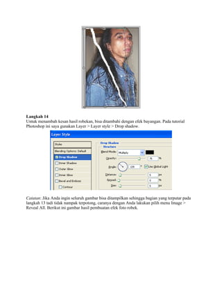 Langkah 14
Untuk menambah kesan hasil robekan, bisa ditambahi dengan efek bayangan. Pada tutorial
Photoshop ini saya gunakan Layer > Layer style > Drop shadow.
Catatan: Jika Anda ingin seluruh gambar bisa ditampilkan sehingga bagian yang terputar pada
langkah 13 tadi tidak nampak terpotong, caranya dengan Anda lakukan pilih menu Image >
Reveal All. Berikut ini gambar hasil pembuatan efek foto robek.
 